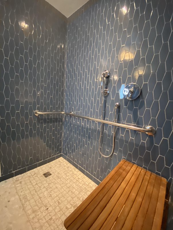 signature suite bathroom with shower and seating space